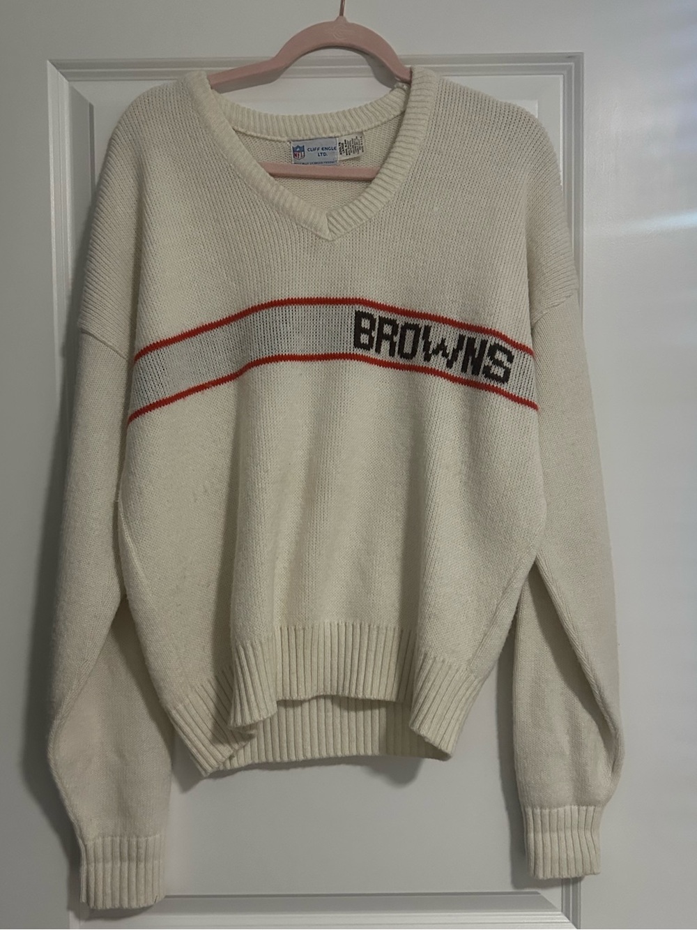 NFL Cream V-Neck Knit Sweater with Orange Accent